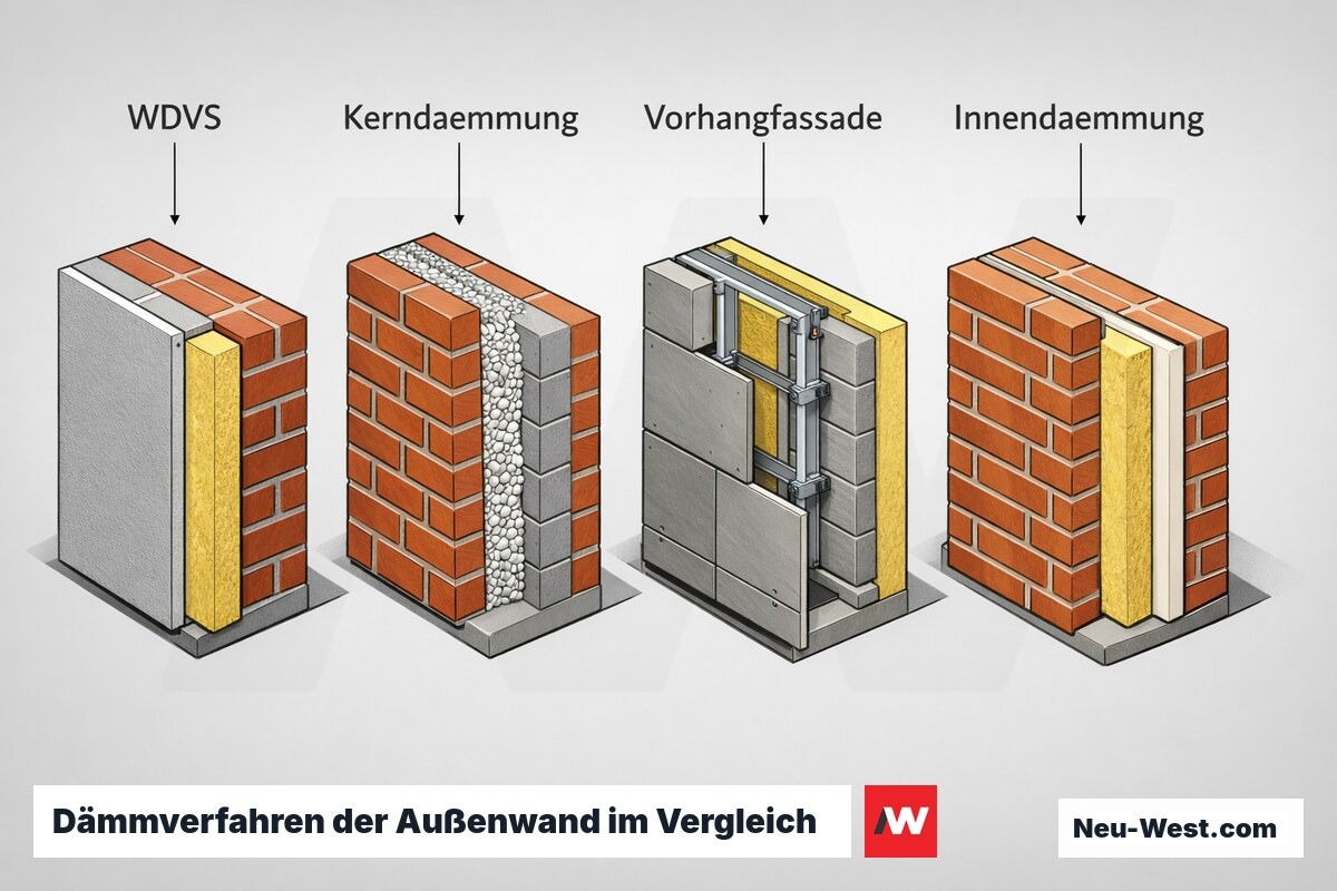 Vergleich von vier Außenwand-Dämmverfahren: WDVS, Kerndämmung im Zweischalenmauerwerk, hinterlüftete Vorhangfassade und Innendämmung.