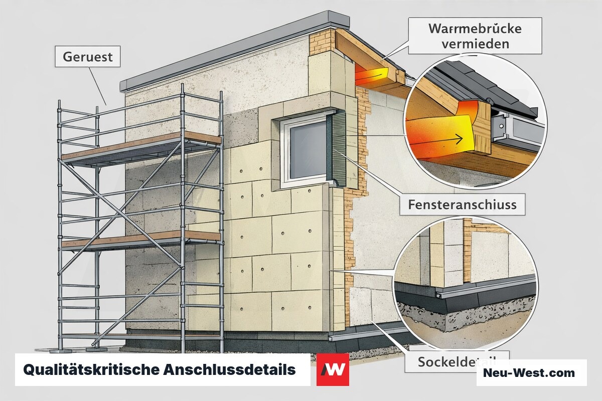 Fassadenschnitt mit Gerüst, Fenster- und Sockelanschluss sowie vermiedener Wärmebrücke als qualitätsentscheidende Detailpunkte der Dämmung.