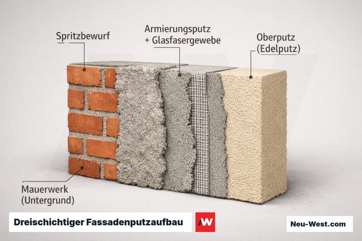 Querschnitt durch Außenmauerwerk mit drei Putzschichten: Spritzbewurf, Armierungsputz mit Gewebe und Oberputz
