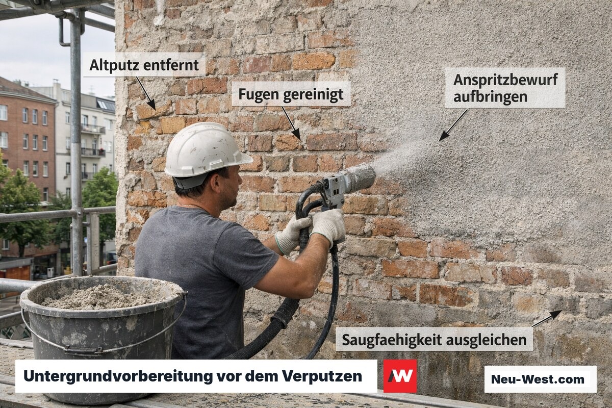 Handwerker trägt Spritzbewurf auf gereinigtes Ziegelmauerwerk auf, Gerüst und Berliner Altbau im Hintergrund