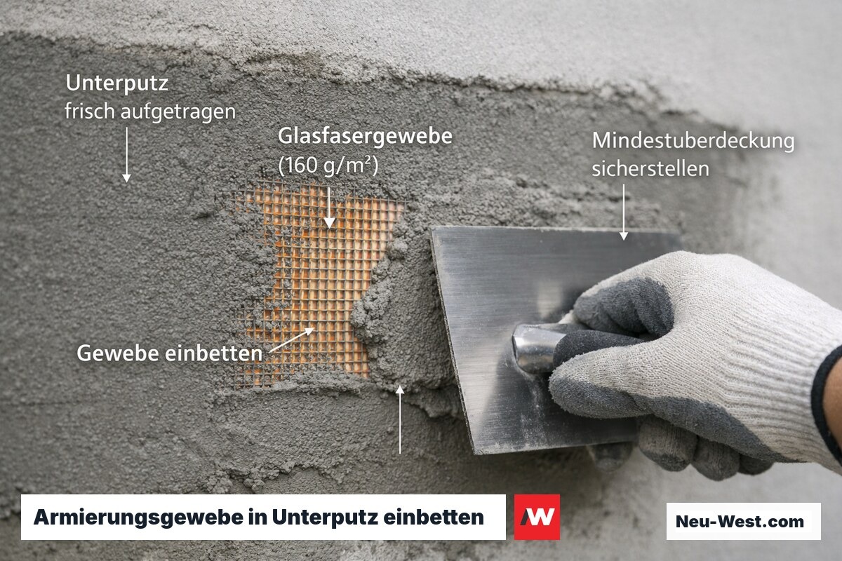 Nahaufnahme: Einbetten von alkalifestem Glasfasergewebe in den frischen Armierungsputz mit Glättkelle