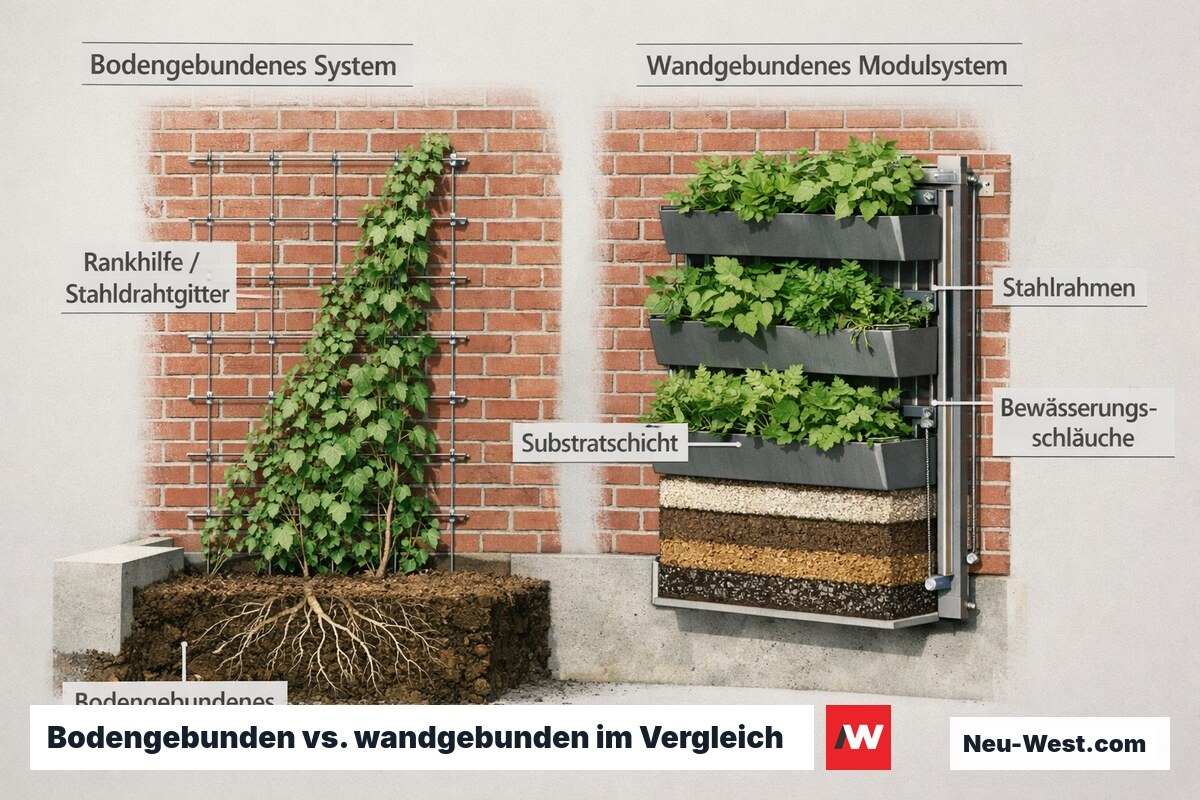 Querschnitt einer Hausfassade mit zwei Begrünungssystemen: Kletterpflanzen am Boden links, Modulwand rechts, Aufbau sichtbar.