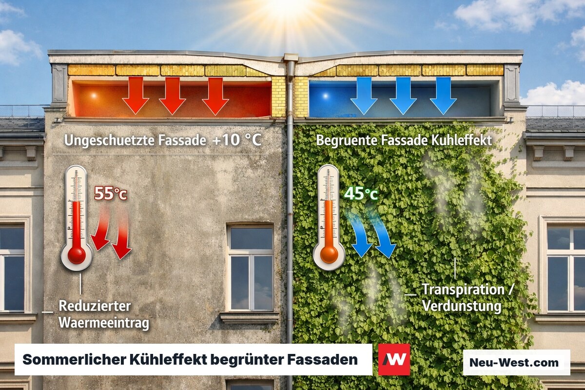 Fassadenvergleich: Unbegrünte Seite überhitzt, begrünte Seite durch Pflanzentranspiration deutlich kühler, Temperaturdifferenz 5–10 °C.