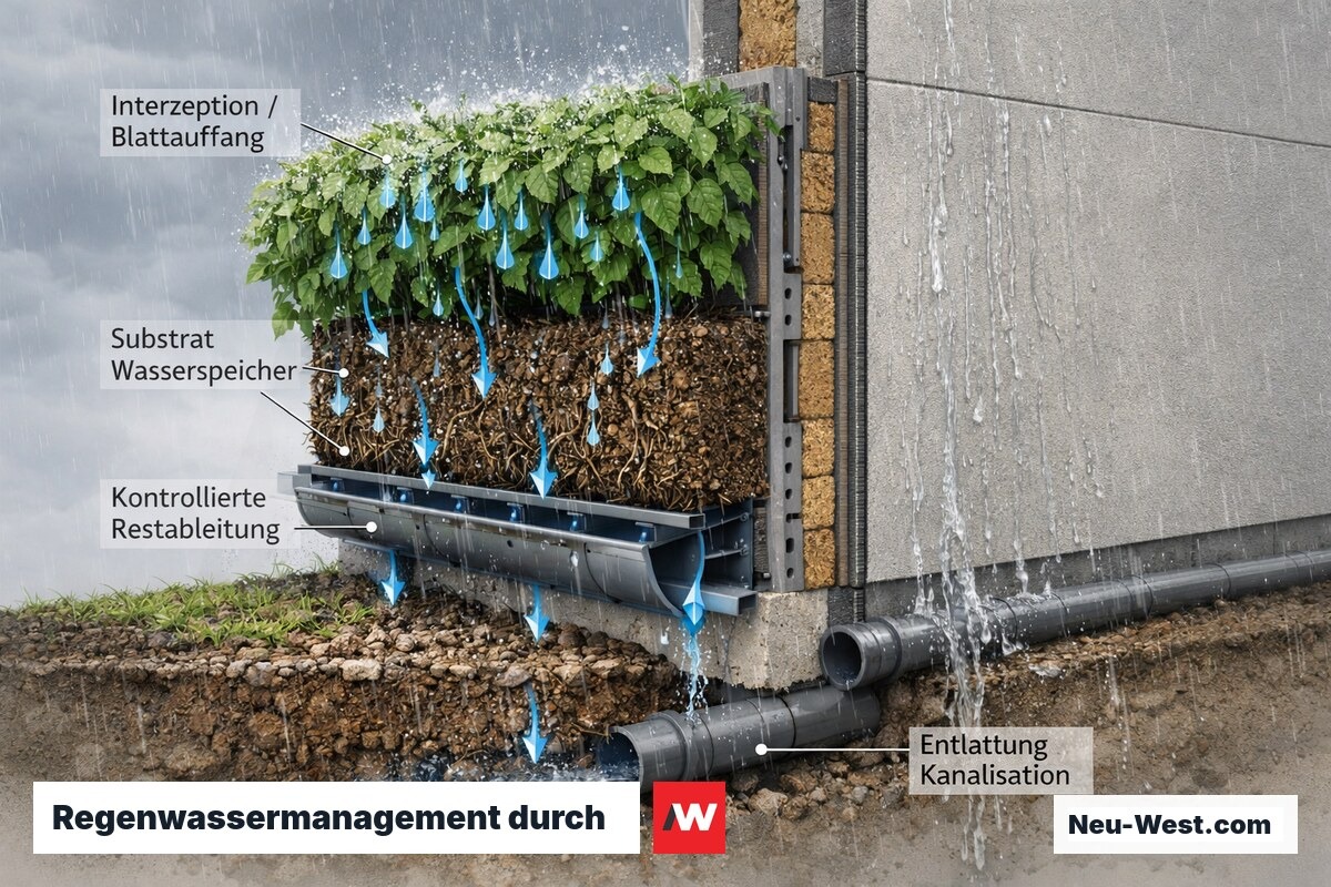 Querschnitt zeigt wie Fassadenbegrünung Regenwasser abfängt, im Substrat speichert und nur gedrosselt ableitet – Kanalentlastung sichtbar.