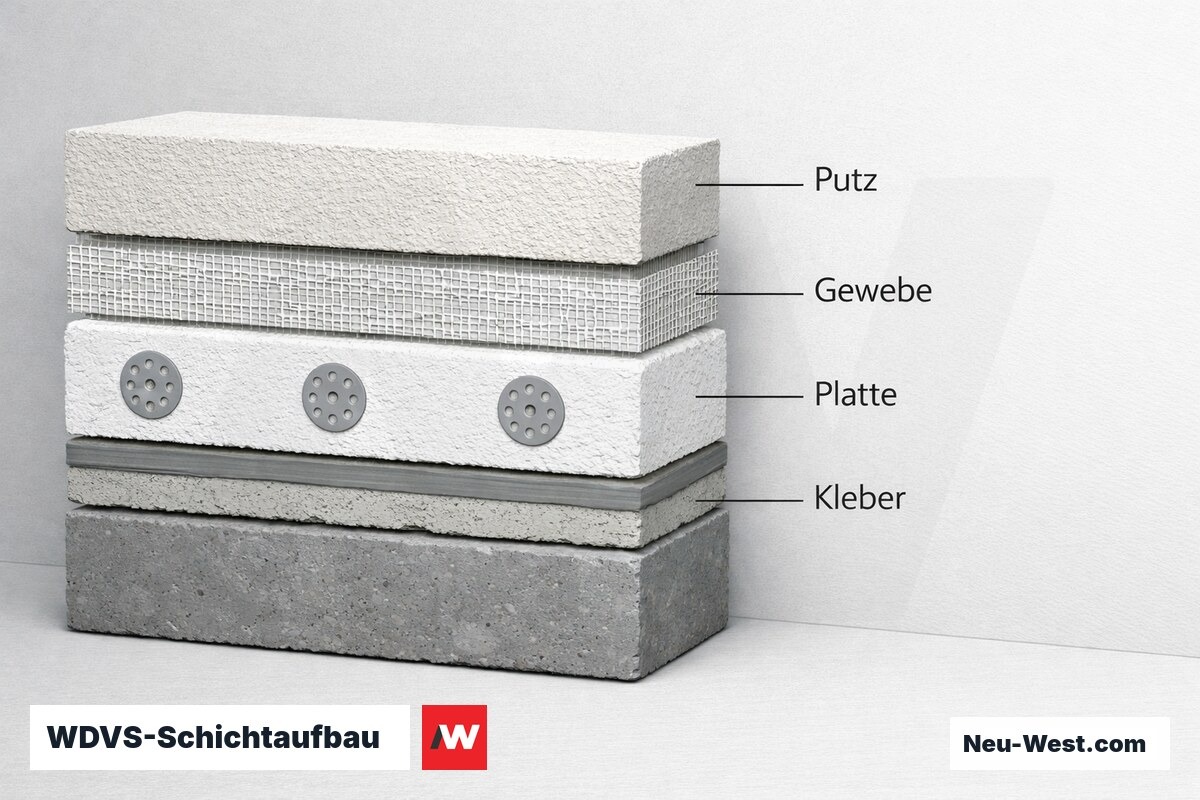WDVS-Schichtaufbau: Funktion und Maß je Lage – Erklär-Grafik (NEUWEST Berlin)