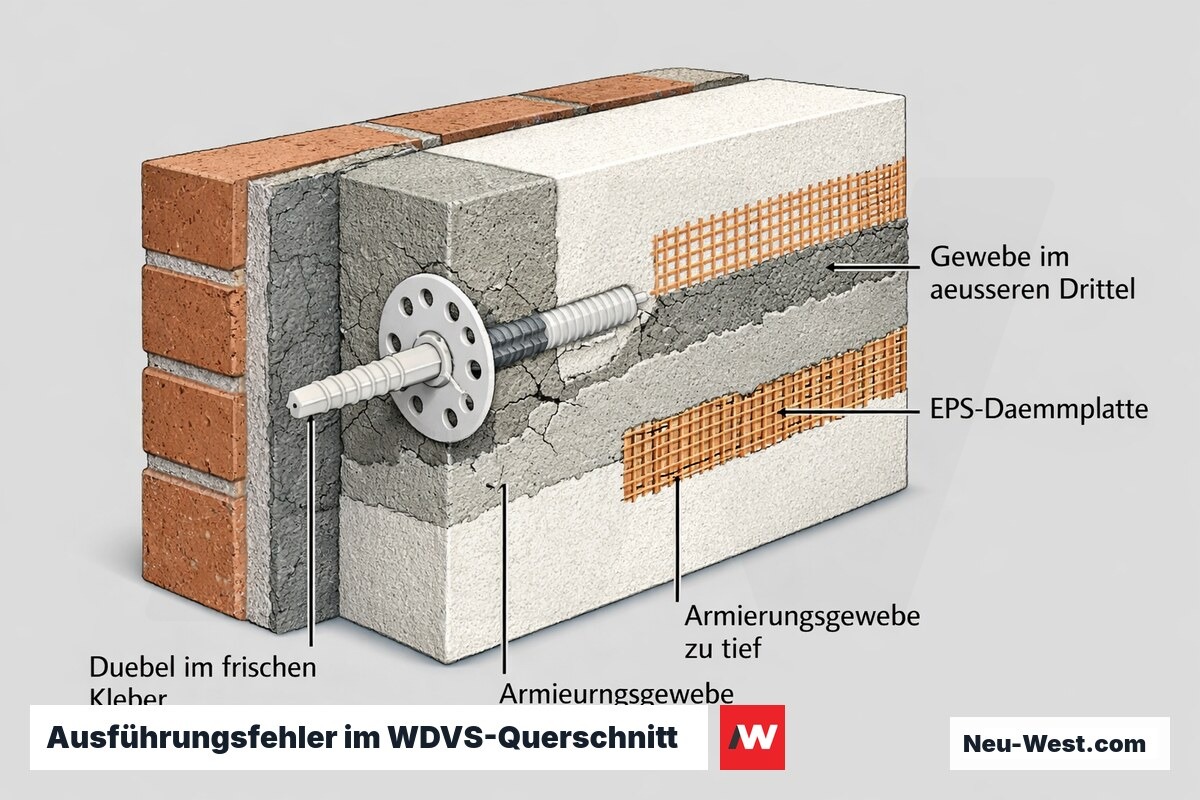 Querschnitt eines WDVS mit Dübel im noch schwindenden Kleber und Armierungsgewebe in korrekter und zu tiefer Lage im Armierungsputz.