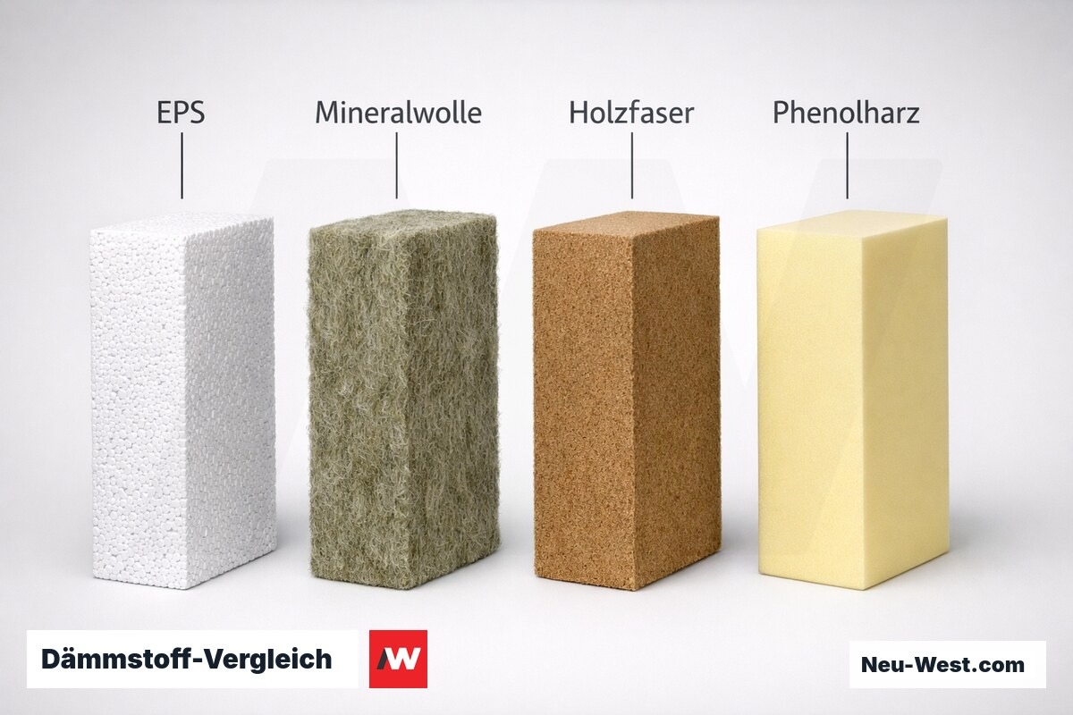 Dämmstoff-Vergleich: Lambda, Brandklasse, Dampfdiffusion, Druckfestigkeit – Erklär-Grafik (NEUWEST Berlin)