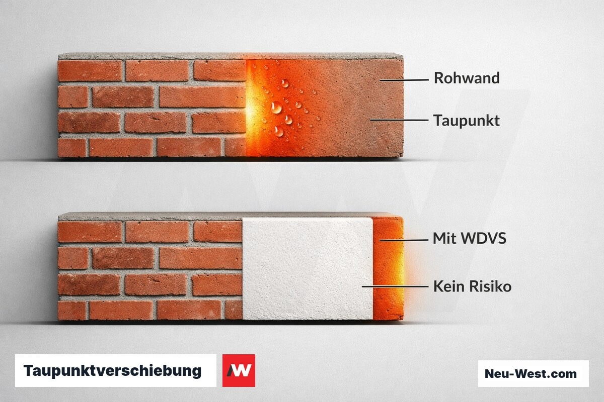 Taupunktverschiebung: Kondensatrisiko ohne und mit WDVS – Erklär-Grafik (NEUWEST Berlin)