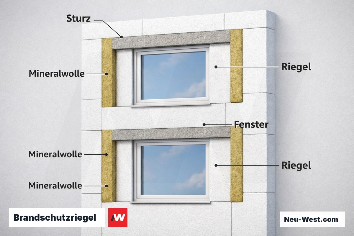 Brandschutzriegel: Anordnung nach GK 4 und GK 5 (Muster-WDVS-Richtlinie) – Erklär-Grafik (NEUWEST Berlin)