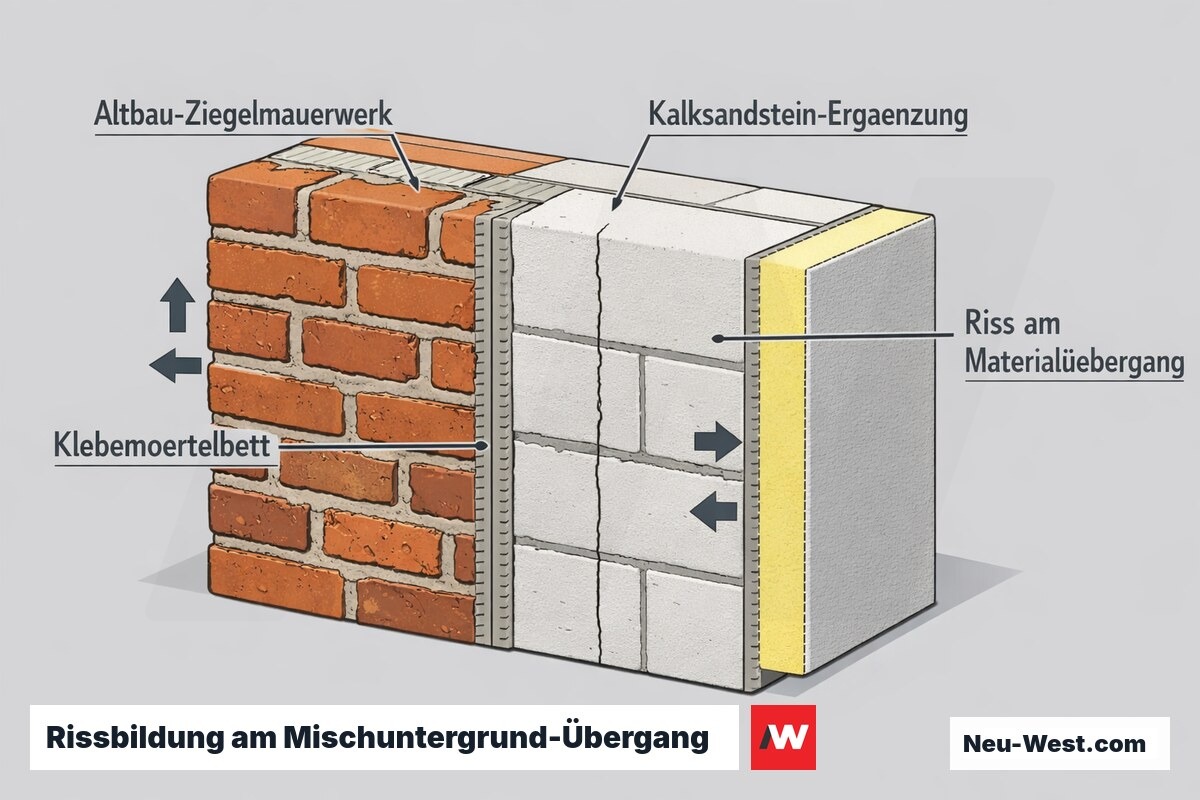Querschnitt eines Mischuntergrunds: Altbau-Ziegel trifft auf Kalksandstein, Klebemörtelbett und Dämmplatte, Riss am Materialübergang durch unterschiedliches Saug- und Dehnverhalten.