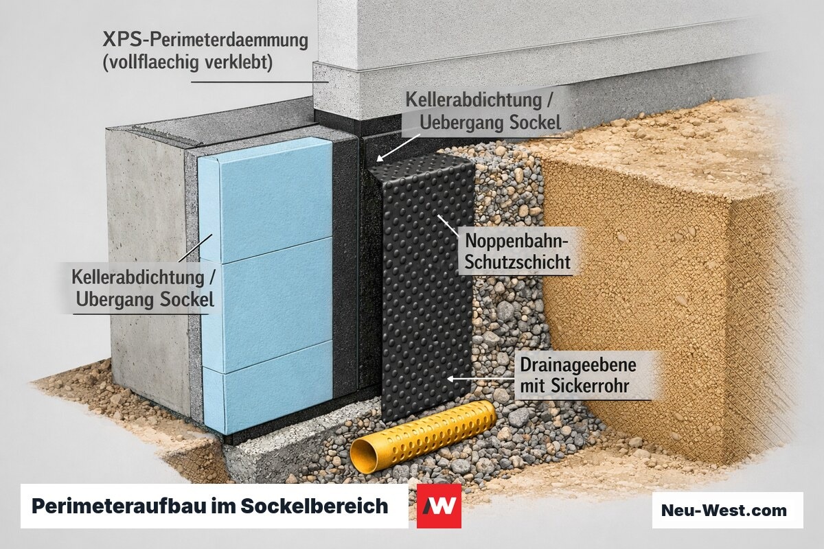 Querschnitt des erdberührten Sockel- und Perimeterbereichs mit vollflächig verklebter XPS-Dämmung, Kellerabdichtung, Noppenbahn und Drainageebene im Berliner Sandboden.
