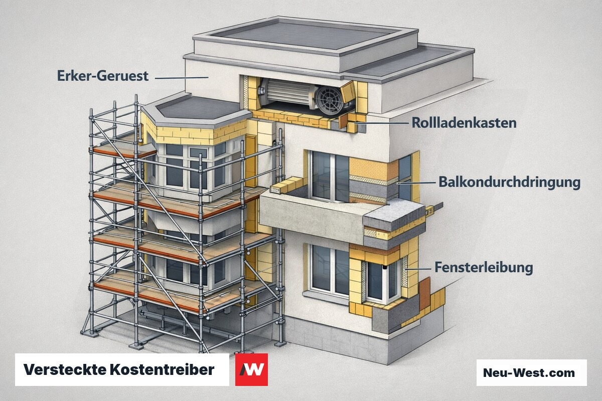 Cutaway einer Berliner Komplexfassade mit Erker-Gerüst, Balkondurchdringung, Rollladenkasten und Fensterleibung als versteckte Wärmebrücken- und Kostenpositionen.