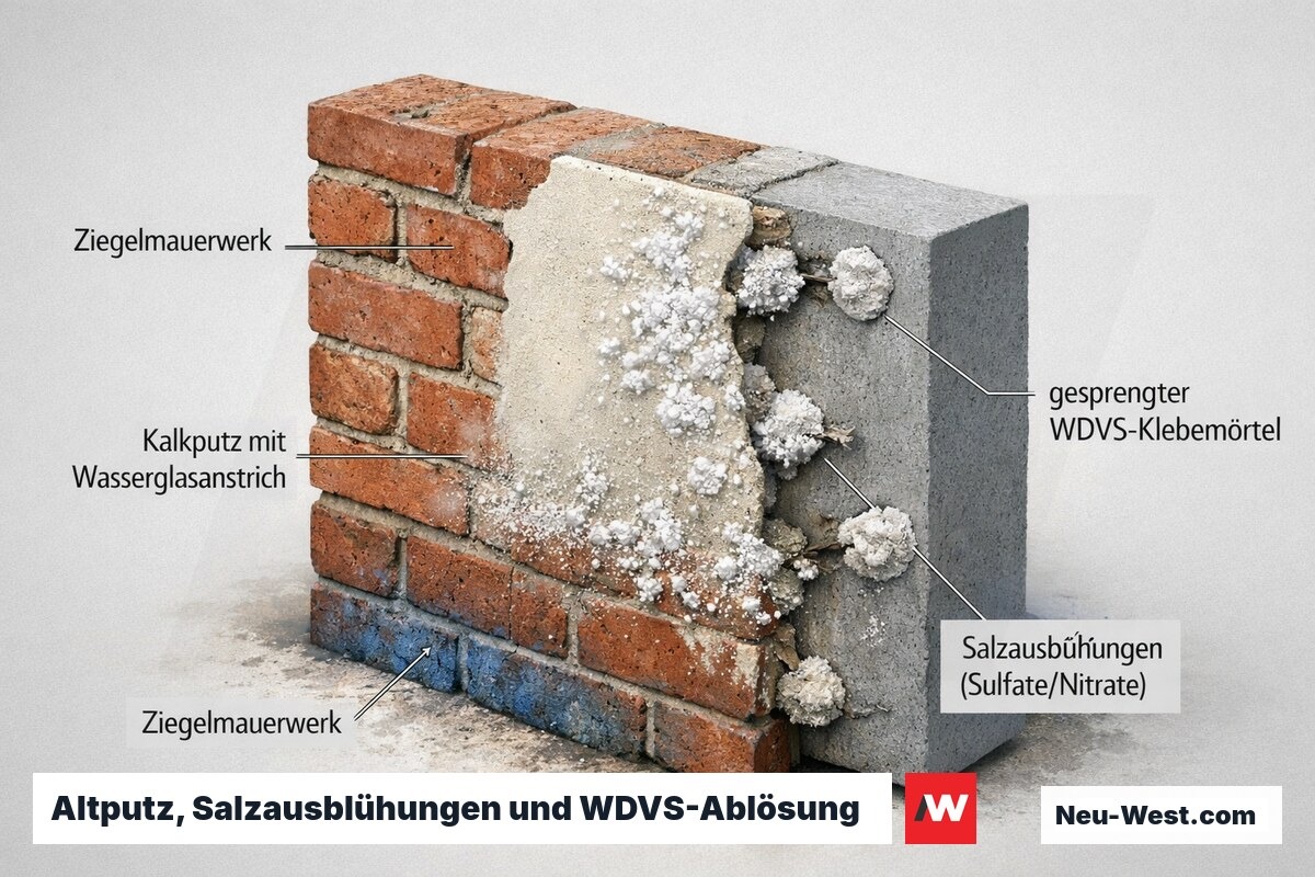 Wandquerschnitt: Gründerzeit-Ziegelmauerwerk mit Kalkputz, aufsteigende Feuchte, Salzausblühungen sprengen den Klebemörtel des darübergeklebten WDVS.