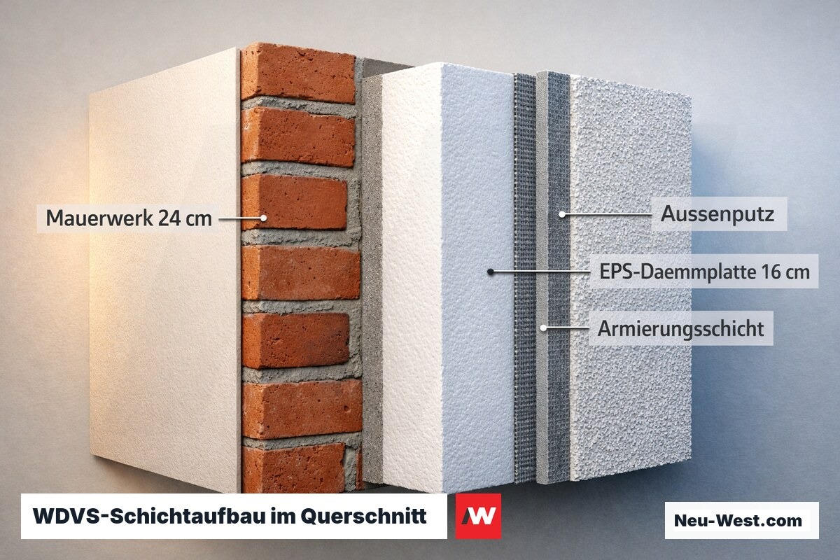 Querschnitt einer gedämmten Außenwand mit allen WDVS-Schichten von Innenputz bis Außenputz, maßstabsgetreu dargestellt.