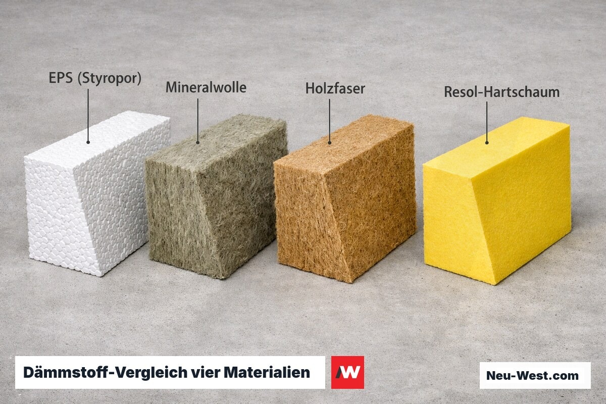 Vier Dämmstoffe für WDVS im direkten Vergleich: EPS, Mineralwolle, Holzfaser und Resol-Hartschaum nebeneinander mit Schnittansicht.
