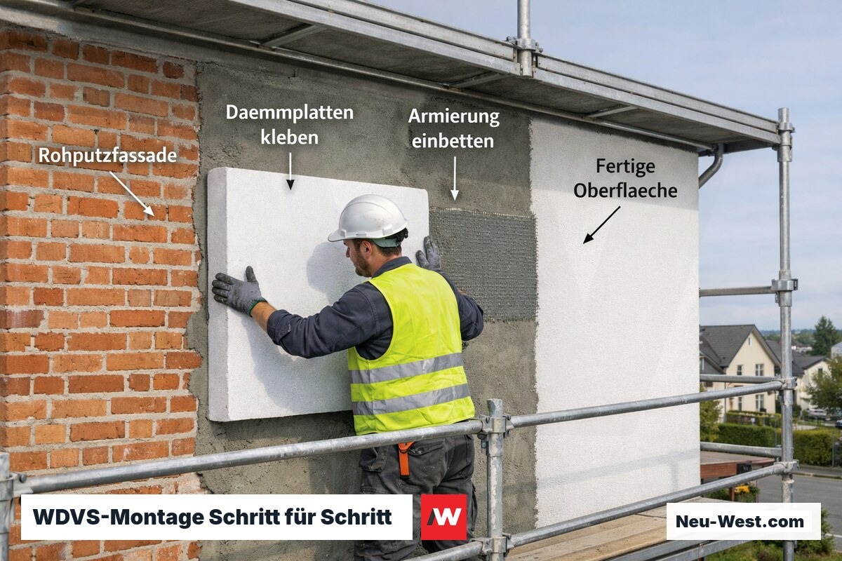Handwerker bei der stufenweisen Montage eines Wärmedämmverbundsystems an einer Hausfassade, von Rohwand bis fertiger Oberfläche.