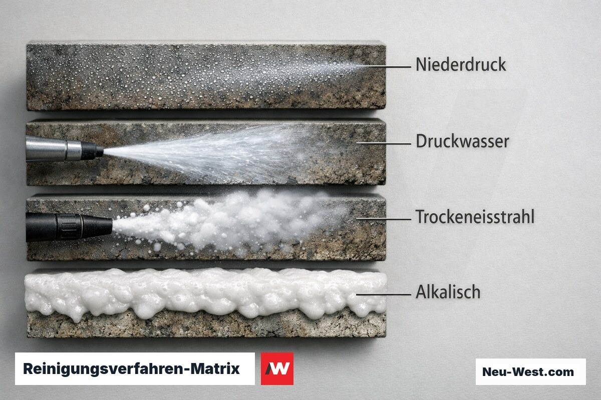 Reinigungsverfahren-Matrix nach Fassadenmaterial – Erklär-Grafik (NEUWEST Berlin)