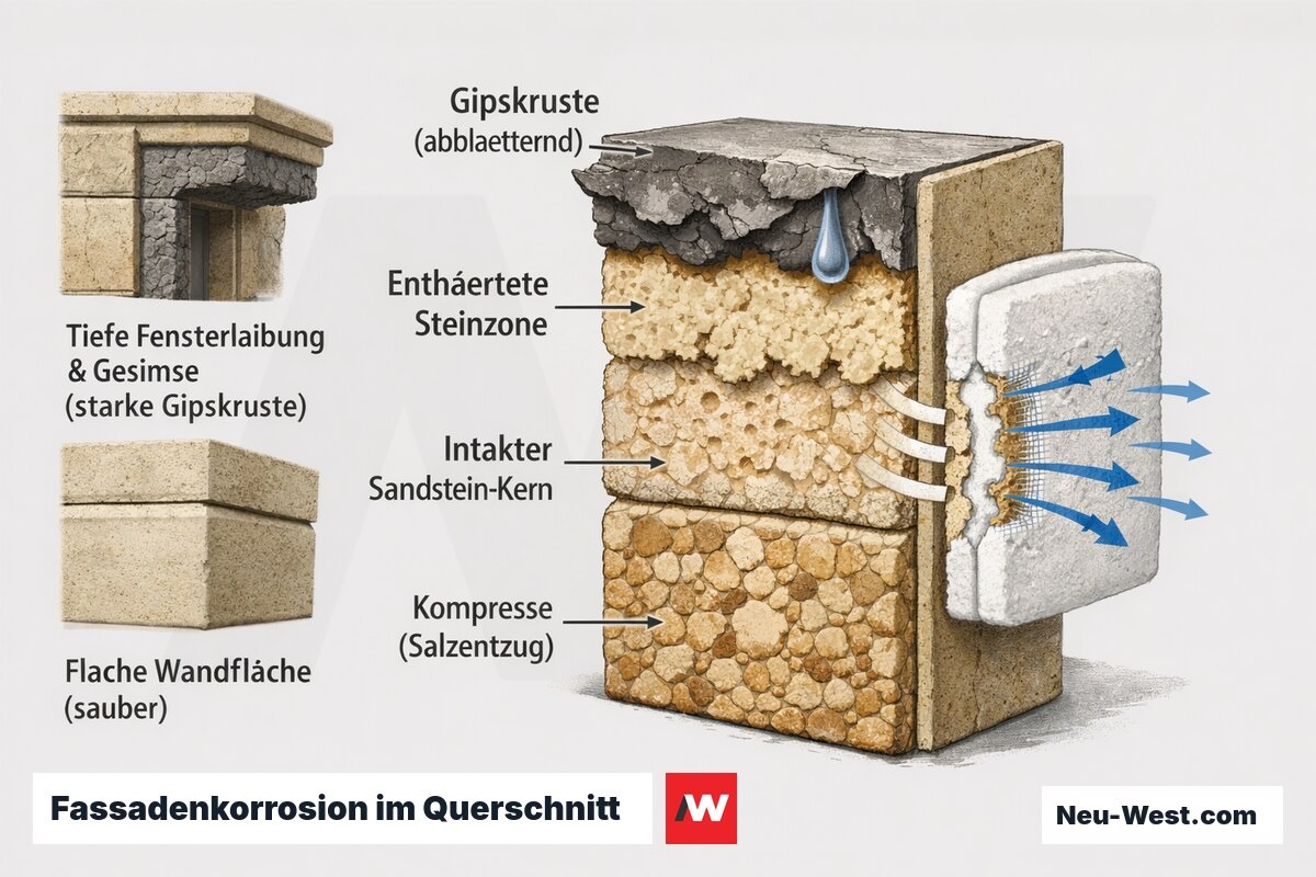 Querschnitt einer Sandsteinfassade: abblätternde Gipskruste, enthärtete Steinzone, intakter Kern und Kompressenverfahren zum Salzentzug.
