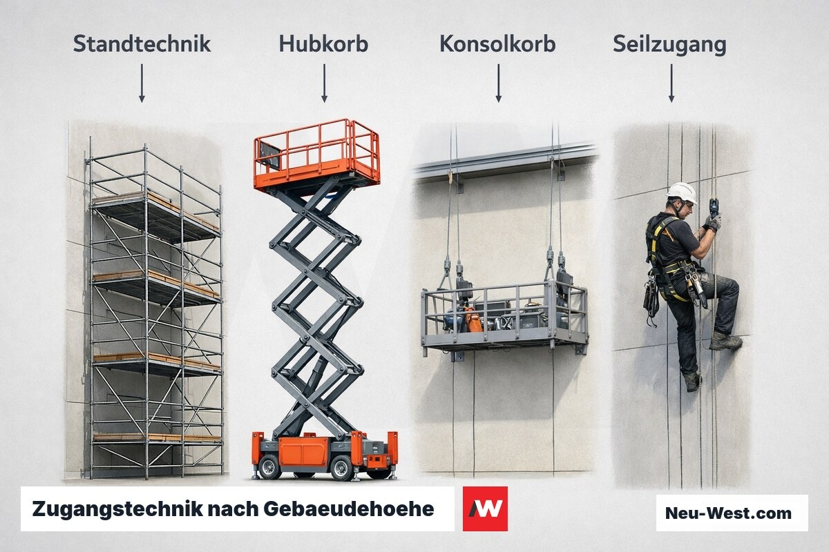 Zugangstechnik nach Gebaeudehoehe und Baustellensituation – Erklär-Grafik (NEUWEST Berlin)