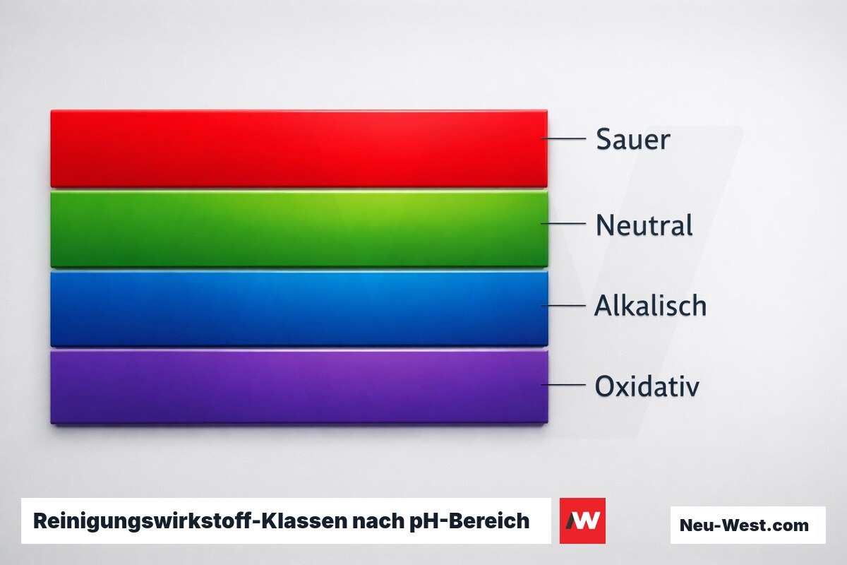 Reinigungswirkstoff-Klassen nach pH-Bereich – Erklär-Grafik (NEUWEST Berlin)
