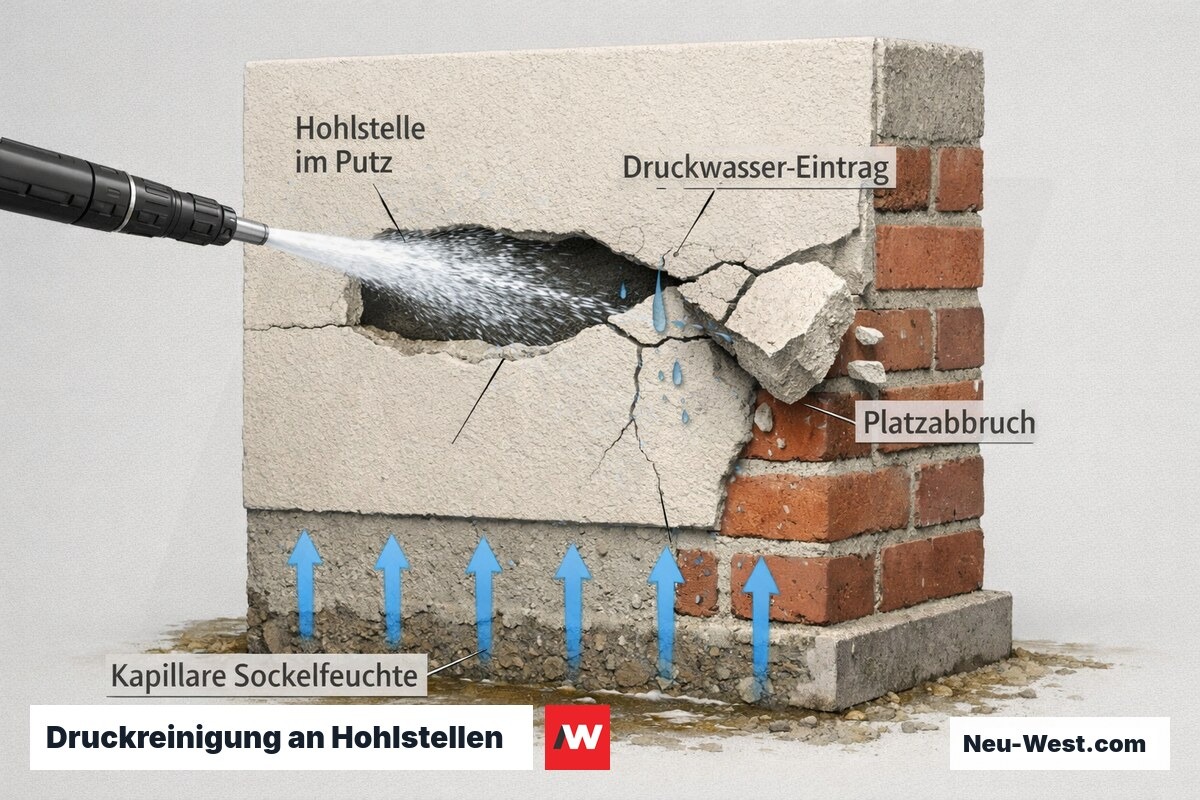 Querschnitt einer Putzfassade: Hochdruckstrahl treibt Wasser in eine Hohlstelle, Platzabbruch des Putzes, kapillare Sockelfeuchte steigt auf.