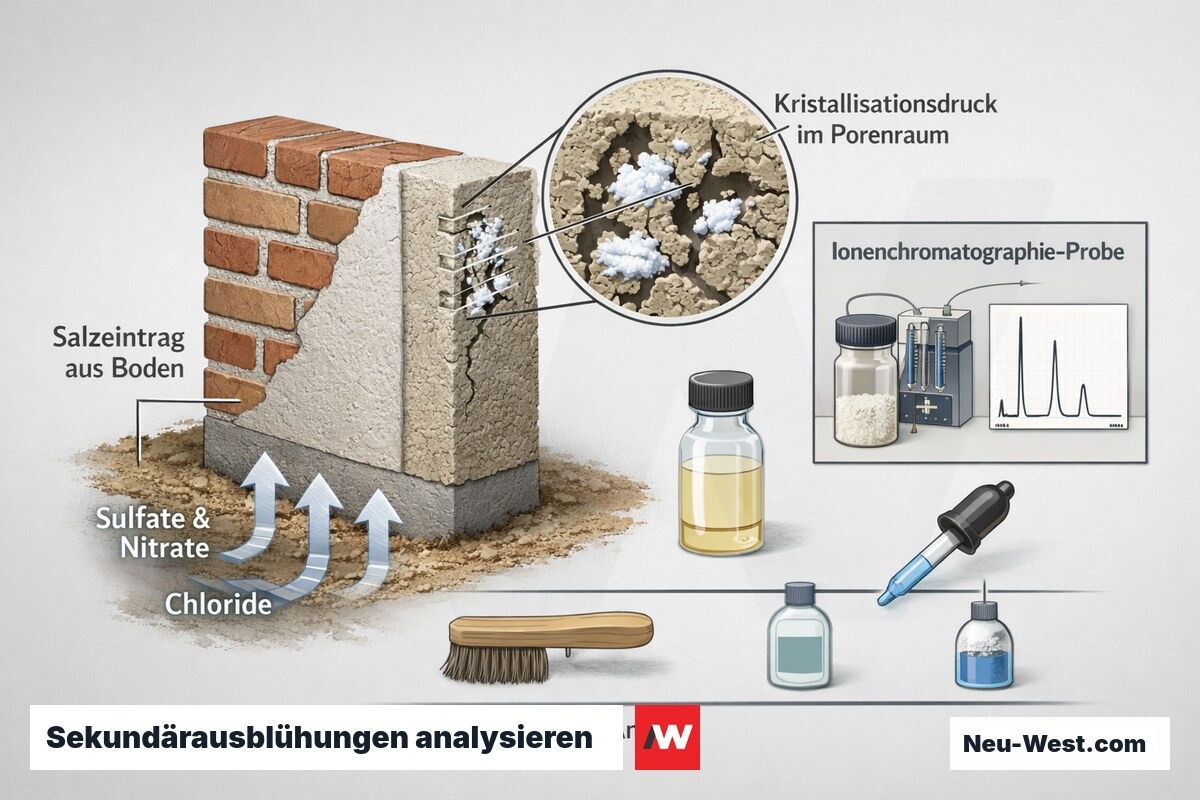 Querschnitt einer Ziegelwand mit Salzeintrag, Kristallisationsdruck im Porenraum, Ionenchromatographie-Probe und analysebasierter Behandlungsabfolge.