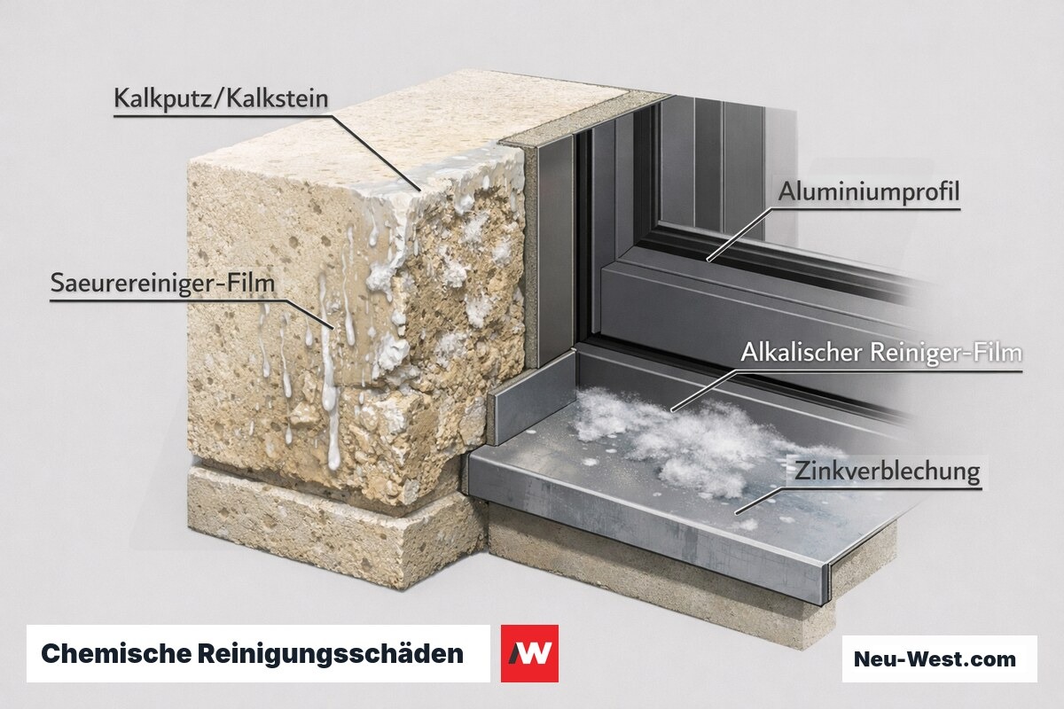 Schnittdarstellung einer Fassadenecke: Säurereiniger raut Kalkputz und Kalkstein auf, alkalischer Reiniger korrodiert Aluminiumprofil und Zinkverblechung.