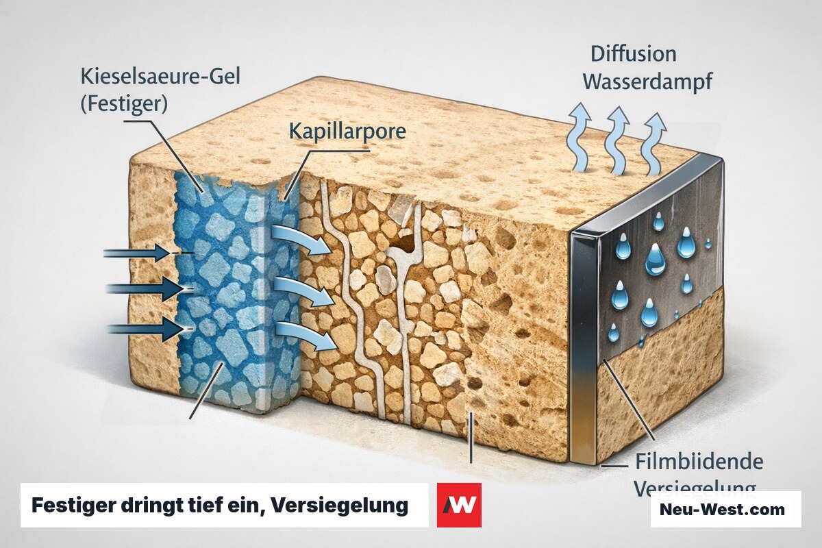 Querschnitt eines sandenden Sandsteins: Festiger bildet tief Kieselsäure-Gel, offene Kapillarporen lassen Wasserdampf diffundieren, Versiegelung sperrt Poren.