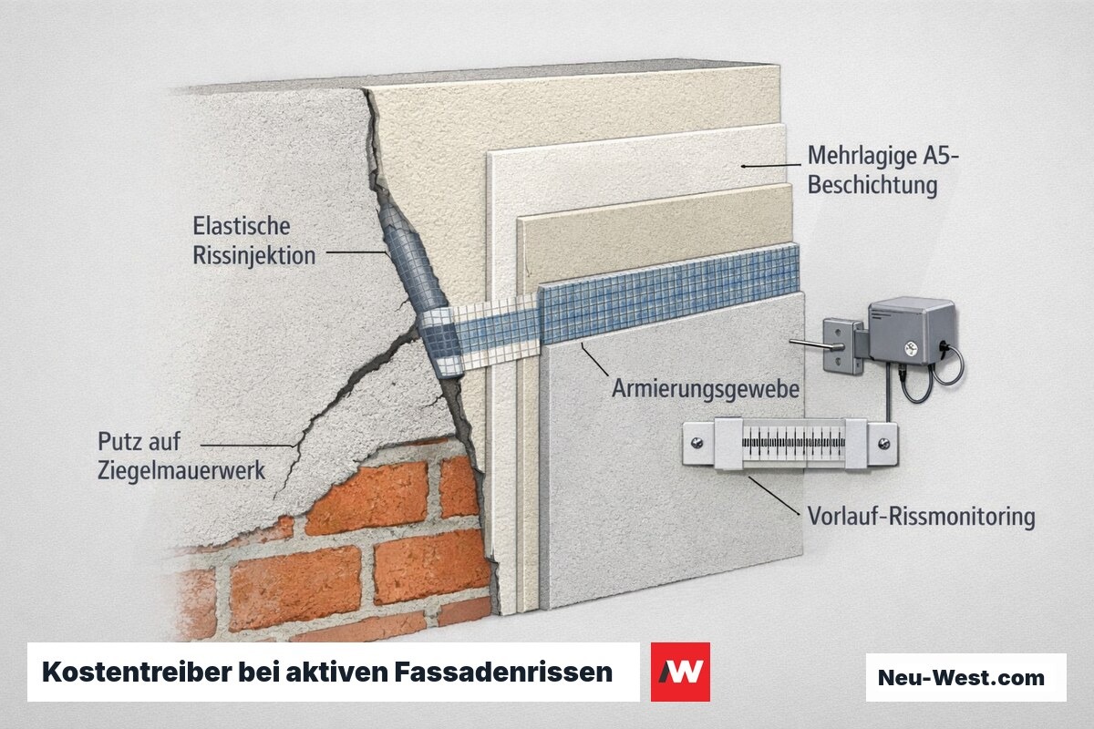 Querschnitt einer Fassade mit aktivem Riss: elastische Injektion, dicke mehrlagige A5-Beschichtung mit Armierungsgewebe und vorgeschaltetem Rissmonitoring.