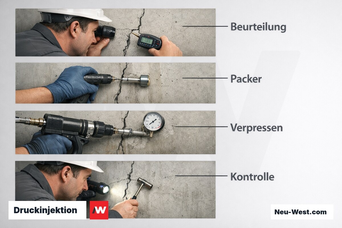 Druckinjektion: Ablauf und kritische Parameter – Erklär-Grafik (NEUWEST Berlin)