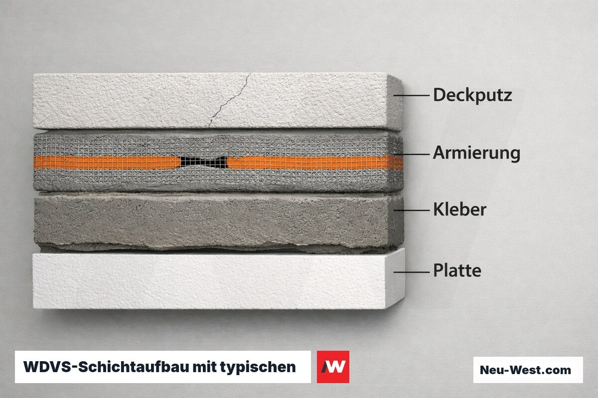 WDVS-Schichtaufbau mit typischen Schadenszonen – Erklär-Grafik (NEUWEST Berlin)