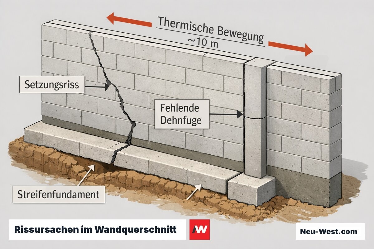 Bauteil-Querschnitt zeigt Rissursachen: Fundamentsetzung, fehlende Dehnfuge am Bauteilanschluss und thermische Wandbewegung als Grundlage der Sanierungswahl.