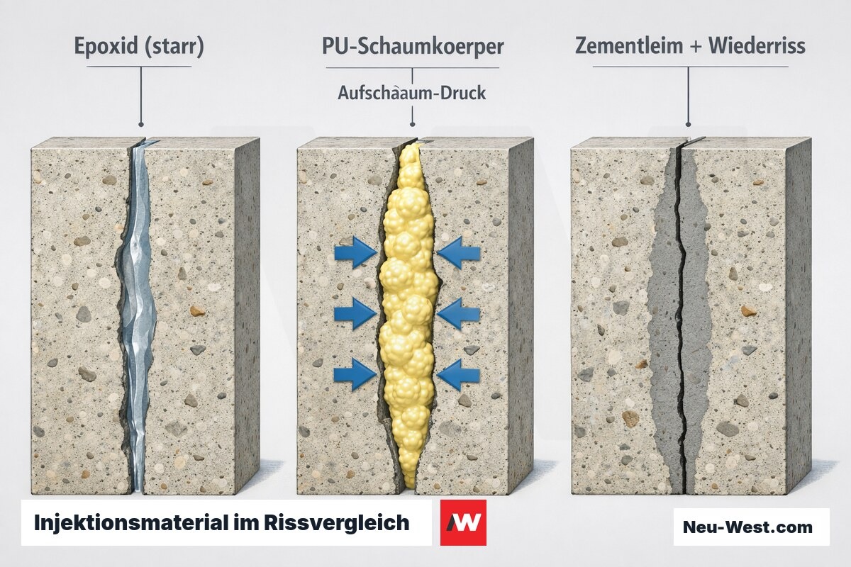 Querschnitt-Vergleich dreier Rissverfüllungen: starres Epoxid, aufschäumendes Polyurethan und Zementleim mit Wiederrissbildung im Betonriss.