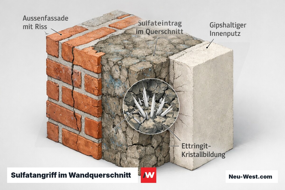 Wandquerschnitt eines Berliner Gründerzeitbaus: Feuchte trägt Sulfat in den Kern, Ettringitkristalle sprengen das Gefüge, Riss an der Außenfassade.