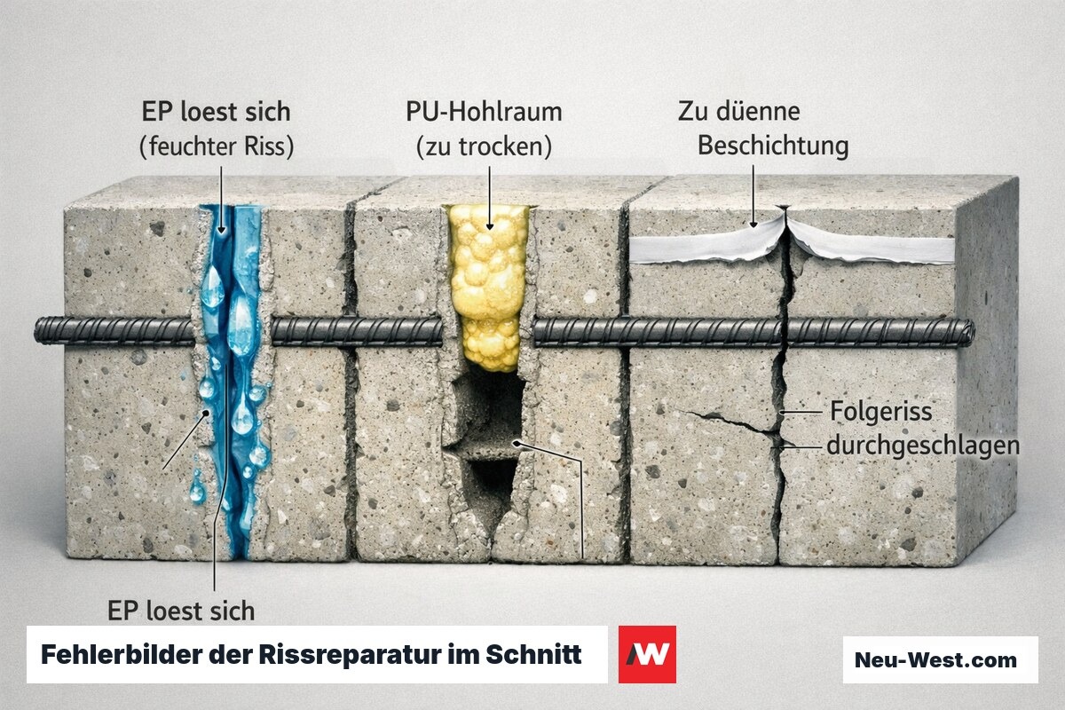 Schnittdarstellung: Epoxid löst sich im feuchten Riss, PU-Hohlraum im zu trockenen Riss und aufgerissene zu dünne Rissbeschichtung mit Folgeriss.