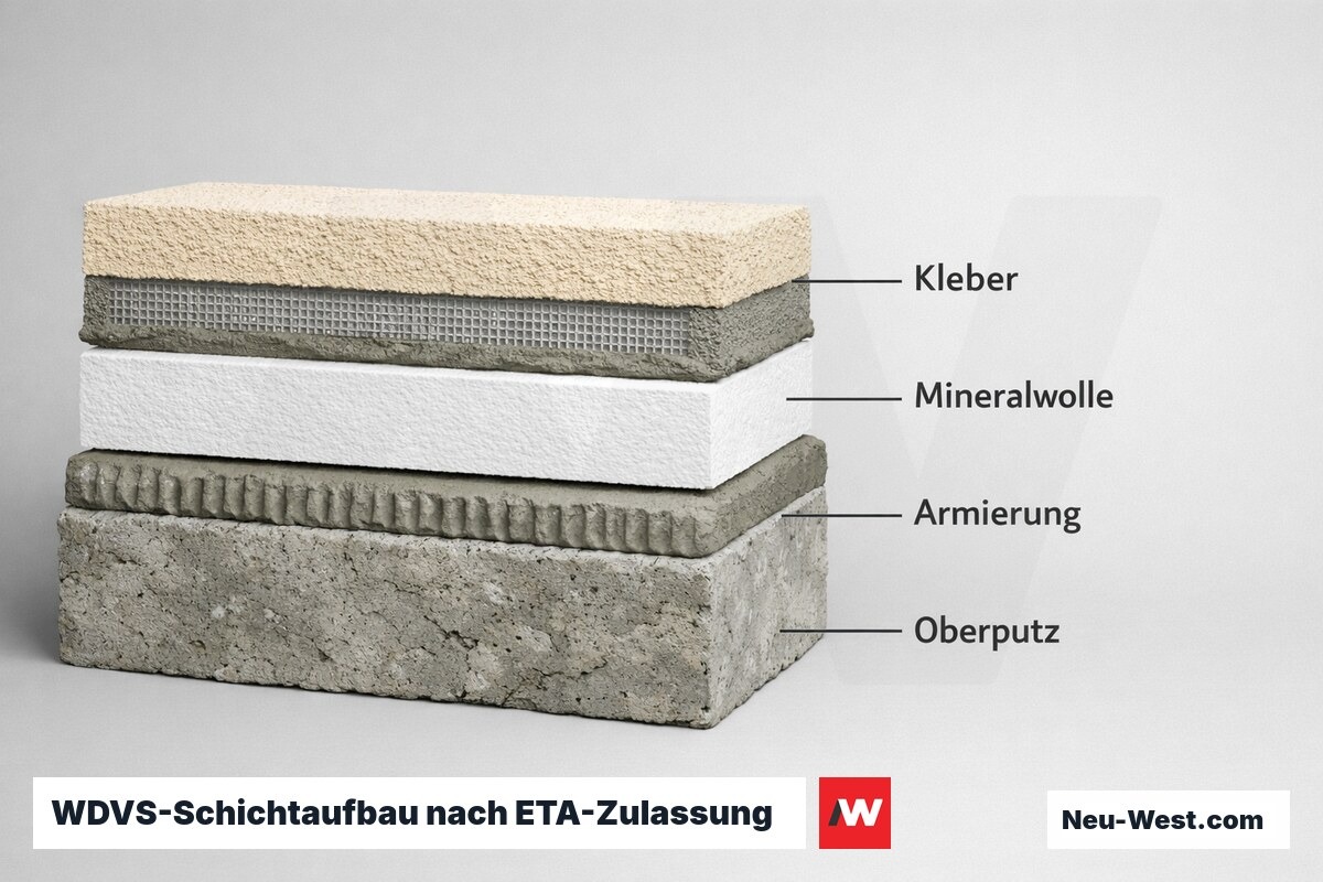 WDVS-Schichtaufbau nach ETA-Zulassung — Toleranzen und Mindestdicken – Erklär-Grafik (NEUWEST Berlin)