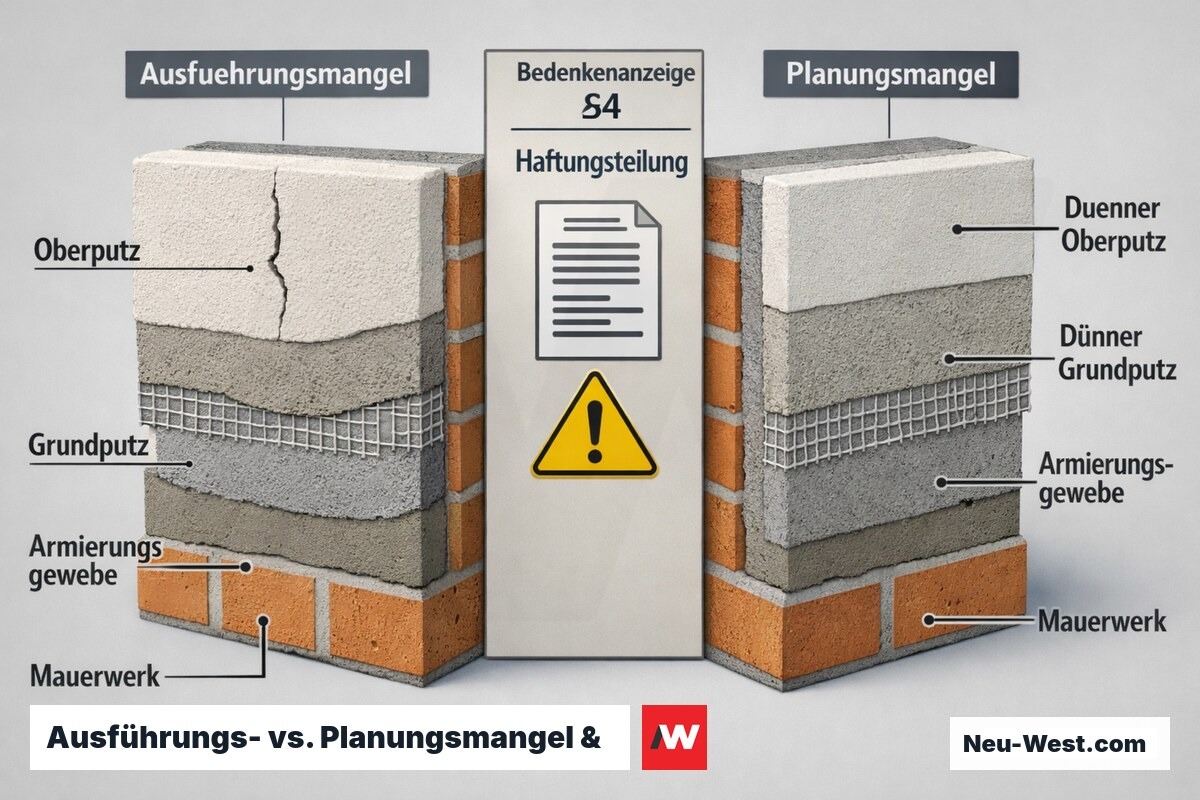 Erklär-Grafik: Wandquerschnitt vergleicht Ausführungsmangel und Planungsmangel mit Bedenkenanzeige nach VOB/B und Haftungsverteilung.
