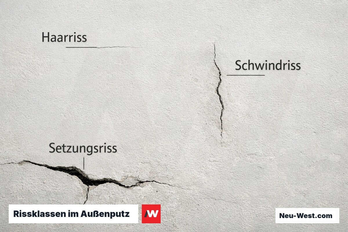 Rissklassen im Außenputz — Ursache und zulässige Sanierungsmethode – Erklär-Grafik (NEUWEST Berlin)
