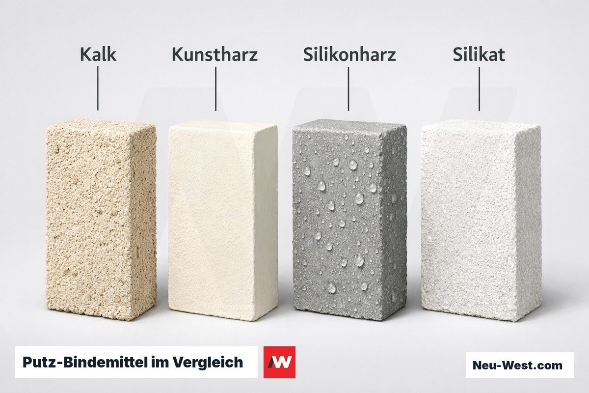 Putz-Bindemittel im Vergleich: μ-Wert, Diffusion und Einsatzbereich – Erklär-Grafik (NEUWEST Berlin)