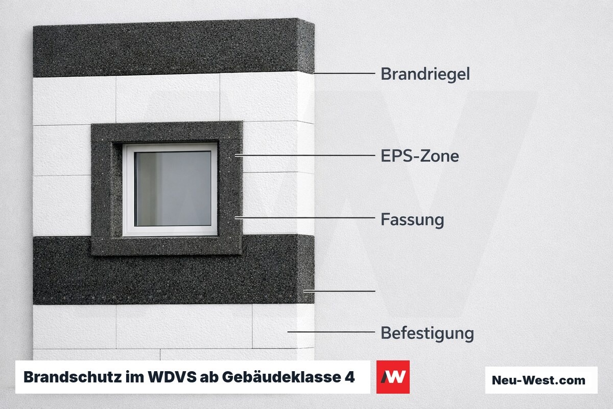 Brandschutz im WDVS ab Gebäudeklasse 4: Riegel und Öffnungseinfassung – Erklär-Grafik (NEUWEST Berlin)