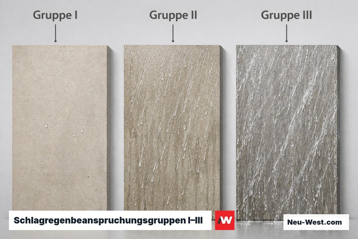 Schlagregenbeanspruchungsgruppen I–III nach DIN 4108-3 – Erklär-Grafik (NEUWEST Berlin)