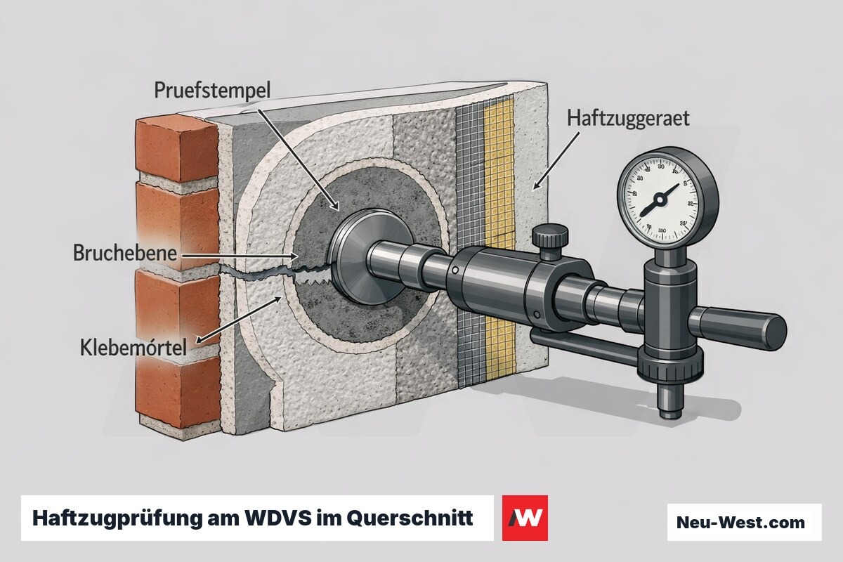 Querschnitt eines WDVS mit Haftzuggerät: Prüfstempel, Zugkraft senkrecht zur Wand und Bruchebene an der Klebemörtel-Fuge zur Systemeignungsprüfung.