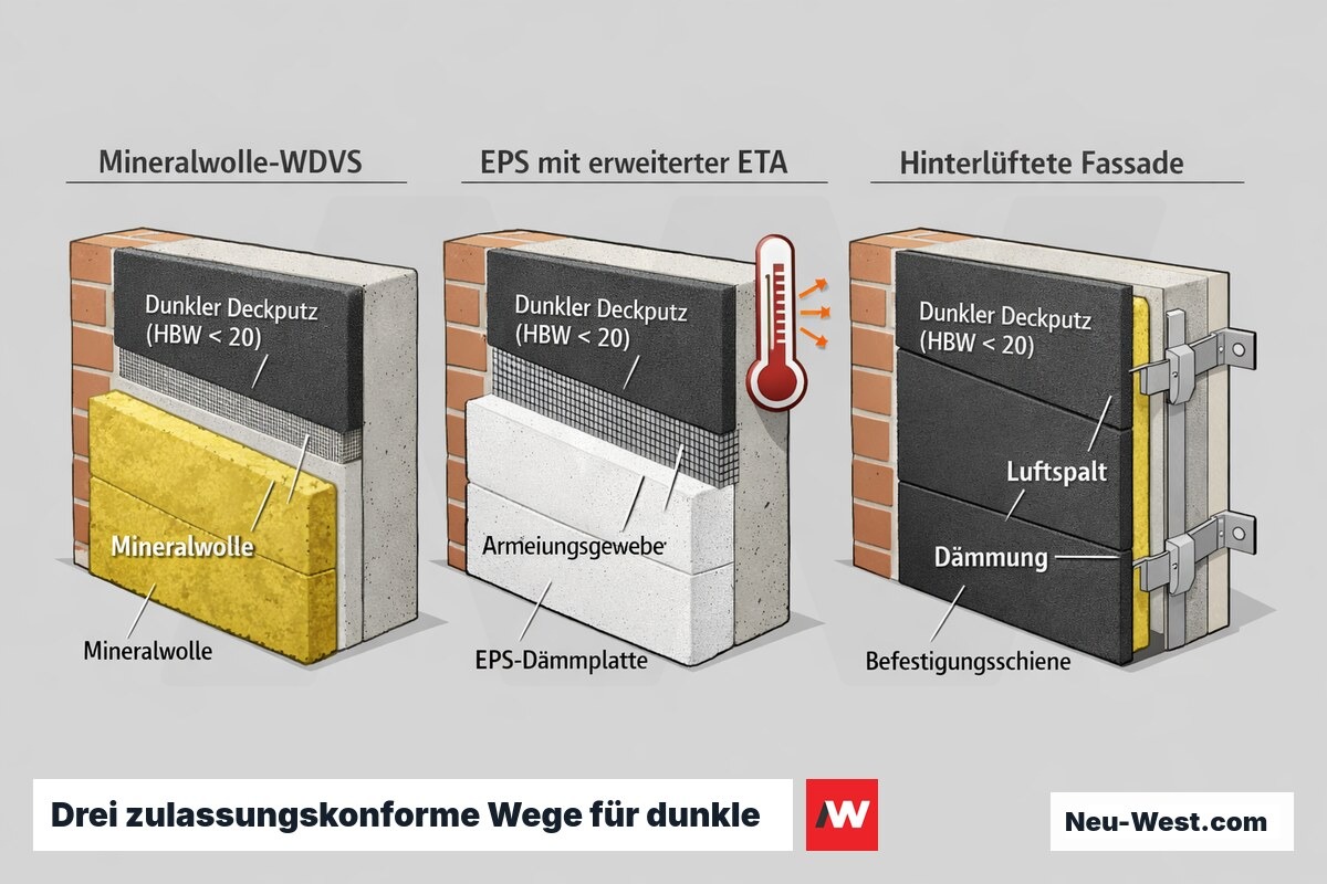 Querschnitt-Vergleich dreier Fassadensysteme für dunkle Farbtöne unter HBW 20: Mineralwolle-WDVS, EPS mit erweiterter ETA und hinterlüftete Fassade.
