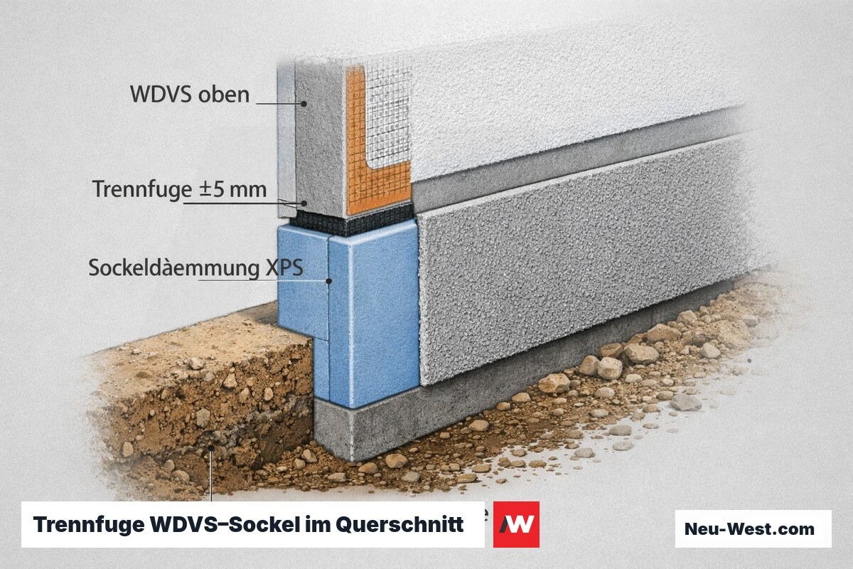 Querschnitt des konstruktiven Übergangs von WDVS zum Sockelbereich mit beweglicher Trennfuge, XPS-Sockeldämmung und Spritzwasserzone am Erdreich.
