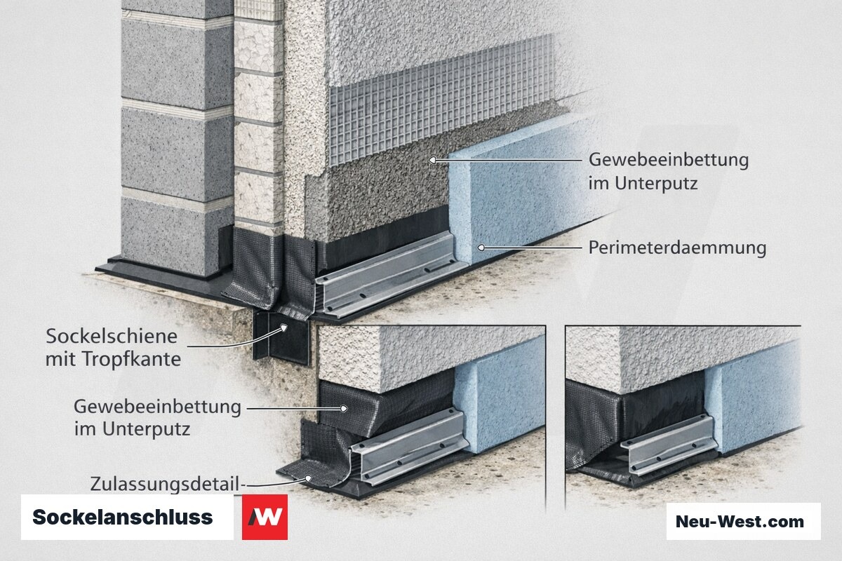 Technischer Querschnitt eines WDVS-Sockelanschlusses mit Sockelschiene, Abdichtung und zulassungskonformer Anschlussgeometrie im Detail.