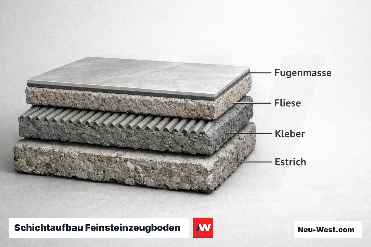 Schichtaufbau Feinsteinzeugboden: Lagen, Dicken und Funktion – Erklär-Grafik (NEUWEST Berlin)