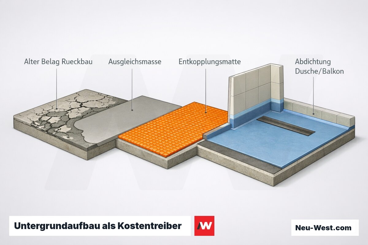 Querschnitt eines Bad- und Balkonbodens mit Belagrückbau, Ausgleichsmasse, Entkopplungsmatte und Abdichtung als Kostentreiber beim Fliesenverlegen