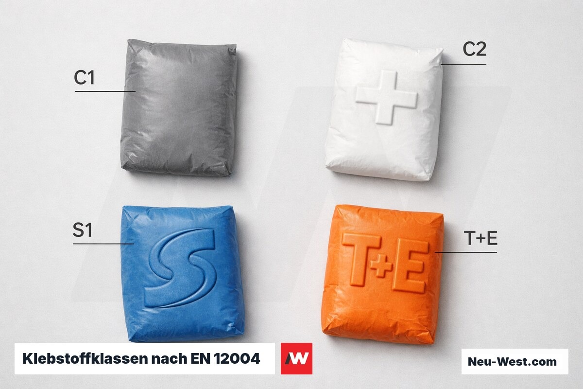 Klebstoffklassen nach EN 12004: Basis und Zusatzeigenschaften – Erklär-Grafik (NEUWEST Berlin)