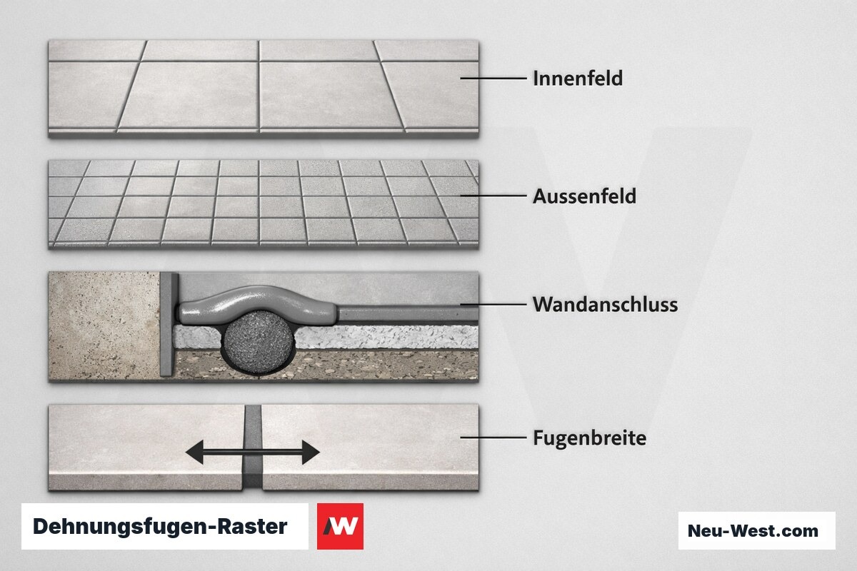 Dehnungsfugen-Raster: Feldgroessen innen und aussen, Wandanschluss und Fugenbreite – Erklär-Grafik (NEUWEST Berlin)