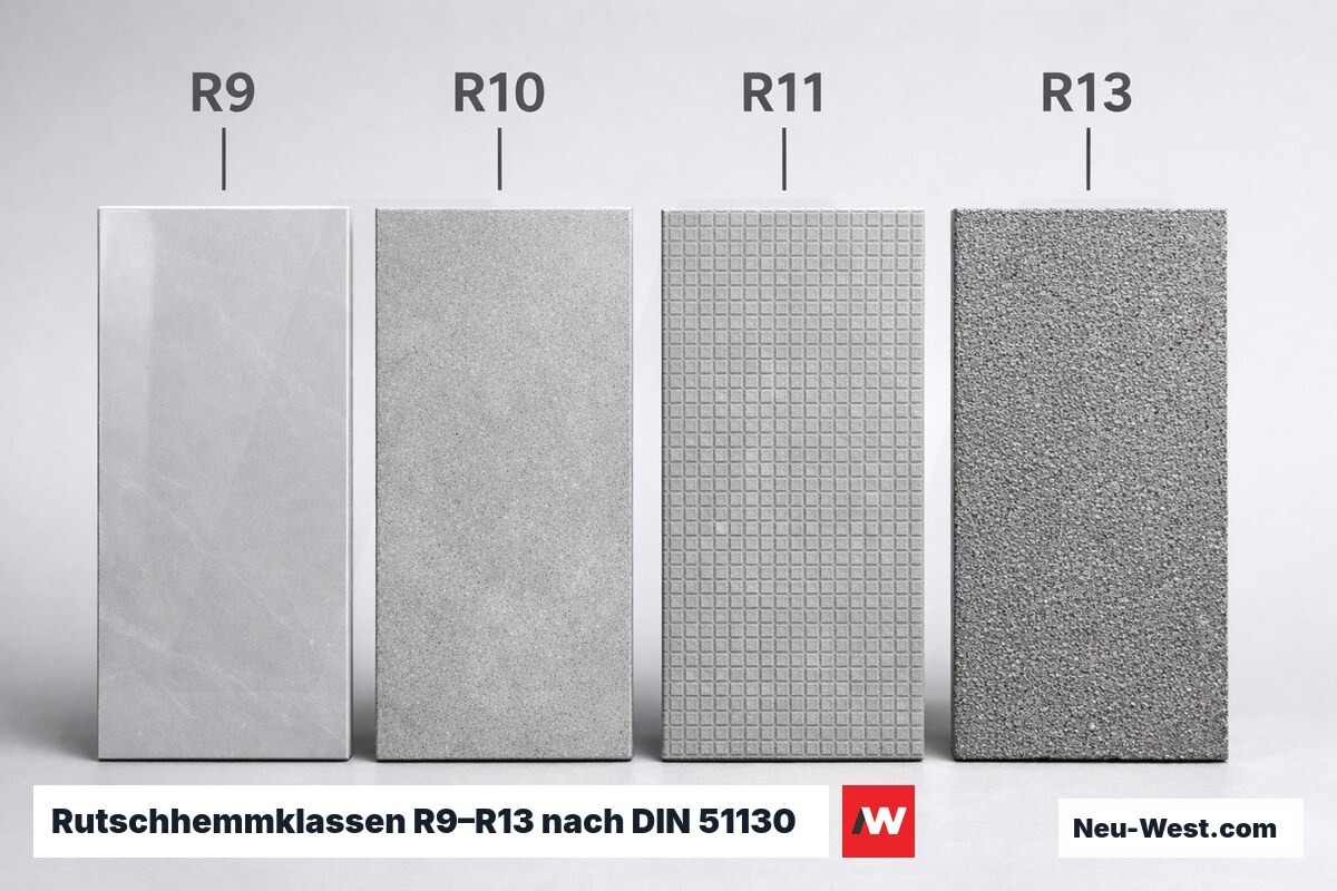 Rutschhemmklassen R9–R13 nach DIN 51130: Prüfwinkel und Einsatzbereiche – Erklär-Grafik (NEUWEST Berlin)